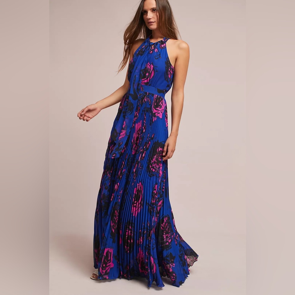 Nicole Miller Blue and Pink Pleated Maxi Dress